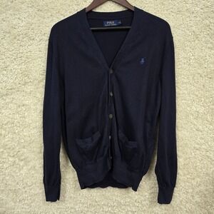 Polo Ralph Lauren Cardigan Men's Size M Navy Blue Pima Cotton V-Neck Sweater